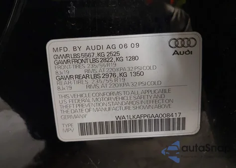 2010 Audi Q5 3.2 Premium из США, поврежденный, VIN WA1LKAFP6AA008417